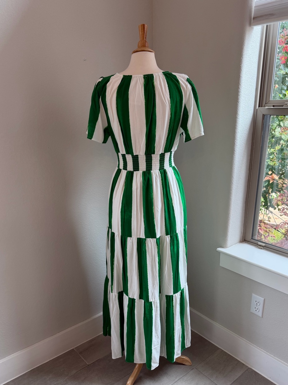 Sugarlips Rony Green/White Smocked Linen Maxi Dress Size M - Picture 4 of 10